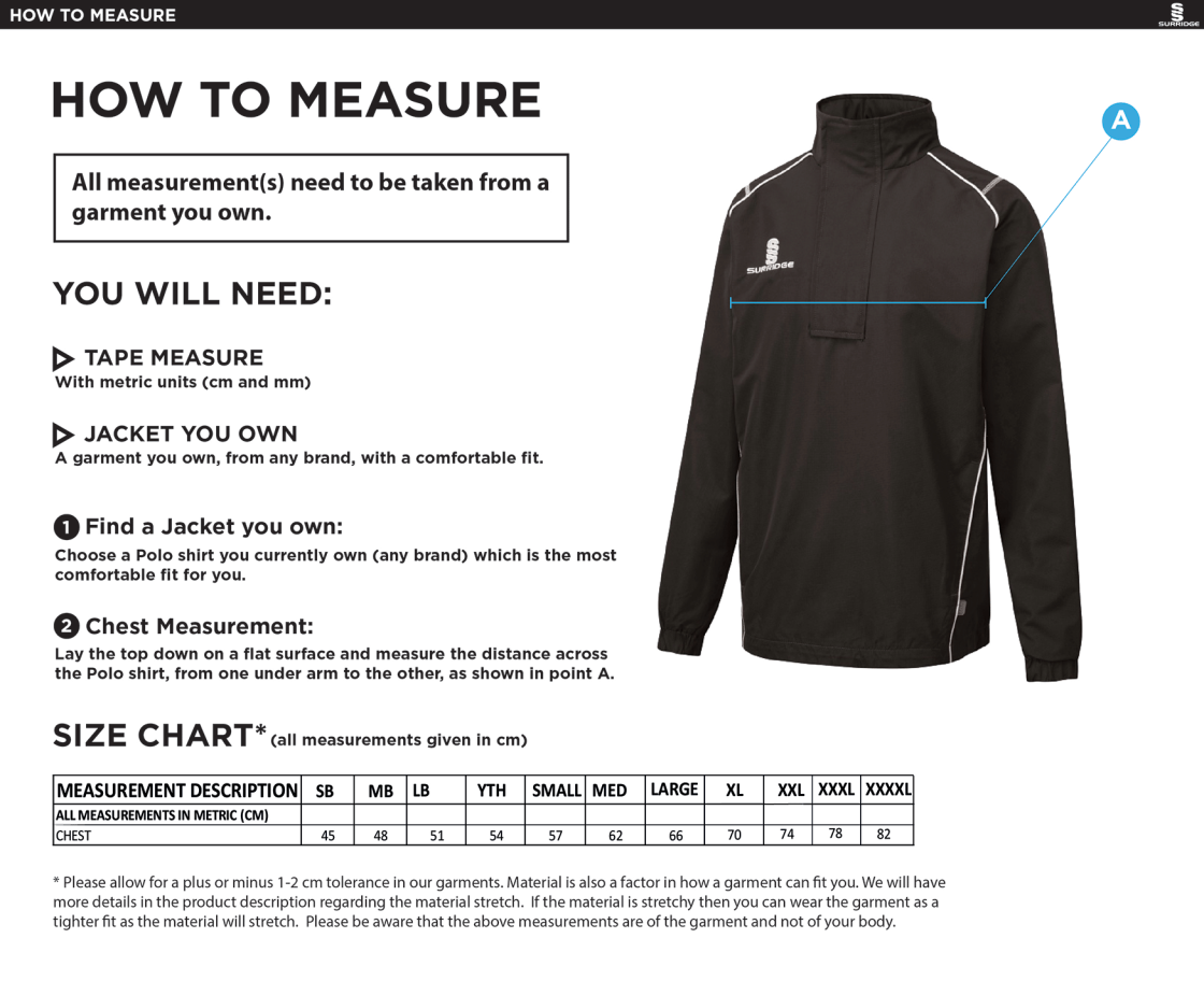 FRYDAYS ACADEMY 1/4 ZIP RAIN JACKET - Size Guide